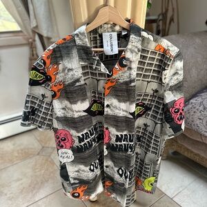 Collusion Men's Graphic Short Sleeve Button-Down Shirt - Black & Multicolor